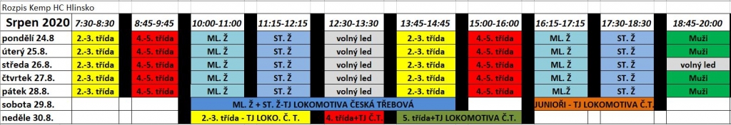 Rozpis tréninků - letní hokejový kemp HC Hlinsko